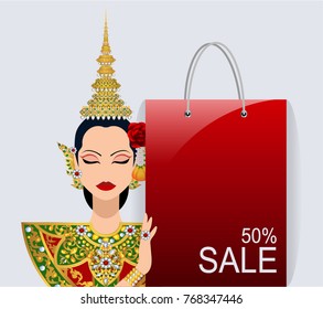 Thai women traditional national costumes with Shopping bag. in flat style.