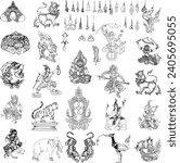 Thai Yantra set. Set ancient Thai tattoo designs. Vector in black and white background. Pictures of sacred things, legendary animals, and ancient characters of Thailand. It was popular in Thai in past