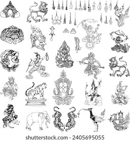 Thai Yantra set. Set ancient Thai tattoo designs. Vector in black and white background. Pictures of sacred things, legendary animals, and ancient characters of Thailand. It was popular in Thai in past