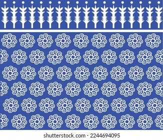 Thai-Chinese pattern designed on the cloth as a circle of flowers, using blue and white, designing an ancient art and culture pattern, beautiful colors, conveying the meaning of abundance and wealth.