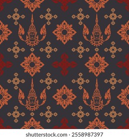 Thai-Inspired Ornamental Pattern with Traditional Motifs, Mythical Figures, and Floral Geometry in Orange, Gold, and Red – Seamless Cultural Decorative Design for Textiles and Digital Art