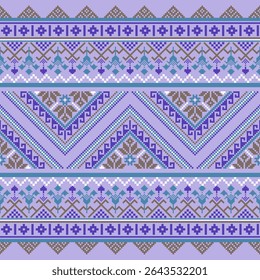 Arte em pixels inspirada na Tailândia com linhas em zigue-zague, bordas florais e símbolos tribais em tons roxos de lavanda e pastel.