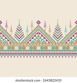 Padrão de pixel inspirado em tailandês em creme com coroas triangulares e motivos de templo vertical, combinando simetria folclórica e sotaques étnicos pastel.