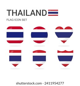 Thailand 3d flag icons of 6 shapes all isolated on white background.