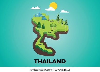 Thailand 3d isometric map with topographic details mountains, trees and soil vector illustration design