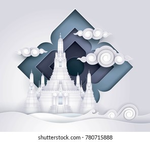 Thailand Amazing, Thai Gold Paradise vector, Wat Arun,The temple of Dawn in Bangkok, Paper art vector and illustration.