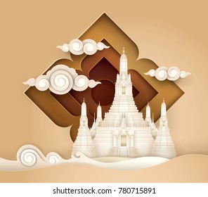 Thailand Amazing, Thai Gold Paradise vector, Wat Arun,The temple of Dawn on the Chao Phraya river, Paper art vector and illustration.