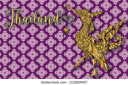 Thailand ancient concept .Kinnaree or Phoenix Fairy tale bird.Thai traditional style.vector illustration for Travel in Thailand.poster,greeting card, party invitation,banner,brochure,other use