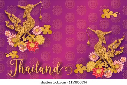 Thailand ancient Luxury concept .Kinnaree or Phoenix Fairy tale bird.Thai traditional style.vector illustration for Travel in Thailand.poster,greeting card, party invitation,banner,brochure,other use