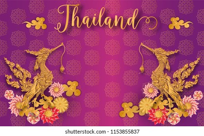 Thailand ancient Luxury concept .Kinnaree or Phoenix Fairy tale bird.Thai traditional style.vector illustration for Travel in Thailand.poster,greeting card, party invitation,banner,brochure,other use