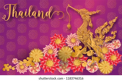 Thailand ancient Luxury concept .Kinnaree or Phoenix Fairy tale bird.Thai traditional style.vector illustration for Travel in Thailand.poster,greeting card, party invitation,banner,brochure,other use