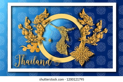 Thailand ancient Luxury concept .Kinnaree or Phoenix Fairy tale bird.Thai traditional style.vector illustration for Travel in Thailand.poster,greeting card, party invitation,banner,brochure,other use