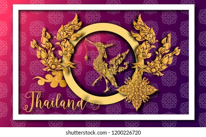 Thailand ancient Luxury concept .Kinnaree or Phoenix Fairy tale bird.Thai traditional style.vector illustration for Travel in Thailand.poster,greeting card, party invitation,banner,brochure,other use