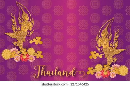 Thailand ancient Luxury concept .Kinnaree or Phoenix Fairy tale bird.Thai traditional style.vector illustration for Travel in Thailand.poster,greeting card, party invitation,banner,brochure,other use