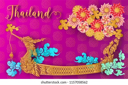 Thailand ancient Luxury concept .Royal Barge Suphannahong.Thai traditional style.vector illustration for Travel in Thailand.poster,greeting card, party invitation,banner,brochure,other use