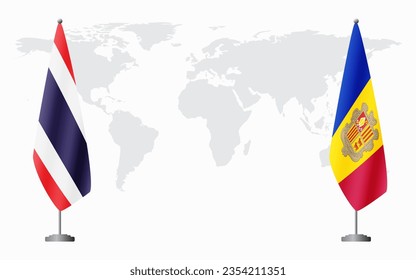 Thailand and Andorra flags for official meeting against background of world map.