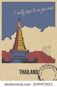 Cartão postal de atração da Tailândia, Chiang Mai Pagoda Doi Inthanon Popular Place Illustration, modelo de vetor estilo retro cartão de saudação com desejo de caligrafia. Impressão Postal, Textura de Papel Antigo