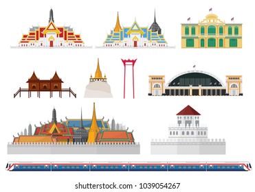 Thailand with attractions, landmark, vector illustration