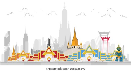 Thailand with attractions, landmark, vector illustration
