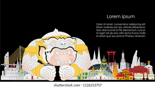 Thailand with attractions, landmark, vector illustration