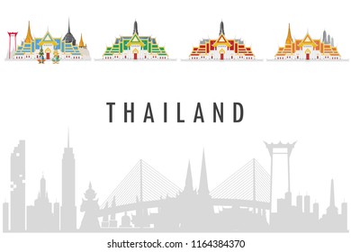 Thailand with attractions, landmark, vector illustration