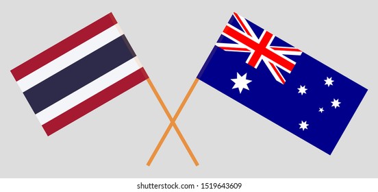 Thailand and Australia. Crossed Thai and Australian flags. Official colors. Correct proportion. Vector illustration
