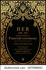 Thailand background (Lai rot nam) Funeral card templates with gold  patterned on paper black color Background. 