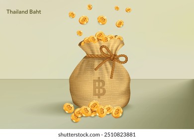 Thailand Baht Gold Coins Falling in Sack of Bag. Realistic 3D gold coins. Vector Illustration Concept for Savings, Casino, Fortune, Profit etc.	