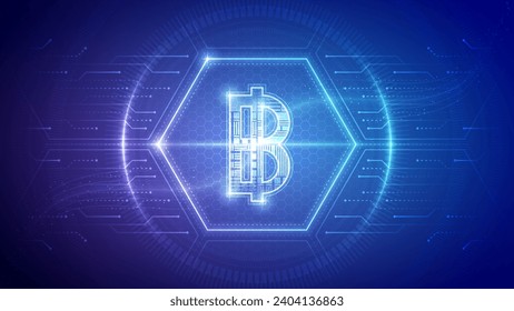 Thailand Baht (THB), Futuristic Currency Finance Symbol, Hologram Cybernetic Neon Glow Translucent Circuit Board Digital Technology Hexagon Block Backdrop Background