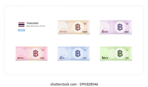 Thailand Baht Vector Illustration, Thai money set bundle banknotes