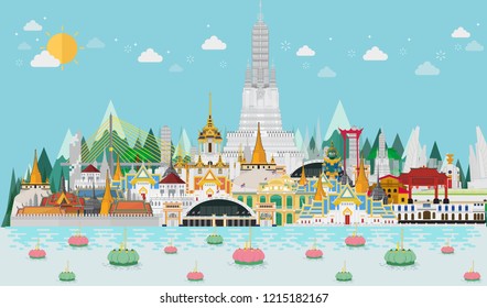 Thailand, Bangkok in Thailand with attractions, landmark. Loy Krathong Festival. vector illustration