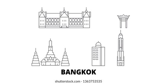 Thailand, Bangkok City Line Travel Skyline Set. Thailand, Bangkok City Outline City Vector Illustration, Symbol, Travel Sights, Landmarks.