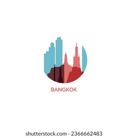 El paisaje urbano de Bangkok de Tailandia, el paisaje de la ciudad, vector panorámico, logotipo moderno plano, icono. Idea del emblema de la ciudad con monumentos, atracciones y siluetas de construcción