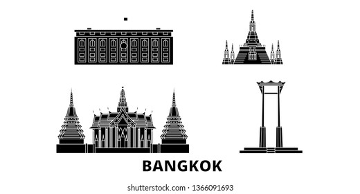 Thailand, Bangkok flat travel skyline set. Thailand, Bangkok black city vector panorama, illustration, travel sights, landmarks, streets.