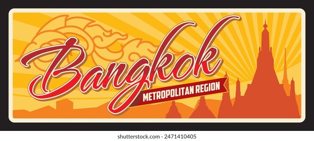 Thailand Bangkok tin sign, vintage travel plate tin sign, vintage metal plaque, vector. Thai province road entry sign with emblem or symbol and landmark, plates or luggage tag with ancient temple