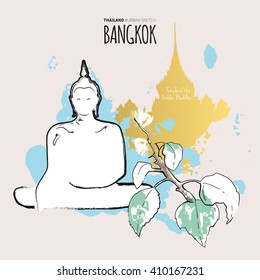 Thailand Bangkok urban vector illustration. Wat Traimit, Temple of Golden Buddha. Travel sketch background with watercolor blue sky, Gold Temple silhouette, Buddha statue, white flowers. 