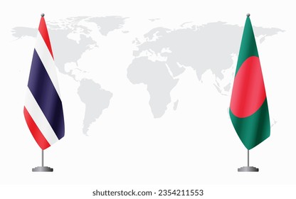 Thailand and Bangladesh flags for official meeting against background of world map.