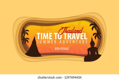 Thailand banner. Time to travel. Paper cut and craft style. Vector illustration