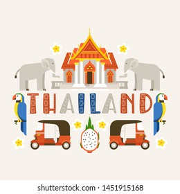 Thailand banner. Traditions, culture of country. Ancient memorials, buildings, nature and animals such as elephant, parrot bird. Transport vehicle tuk tuk vector illustration.