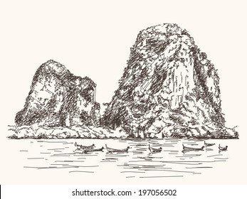 Thailand beach landscape, Limestone rocks, Long tail boats, Hand drawn Vector illustration