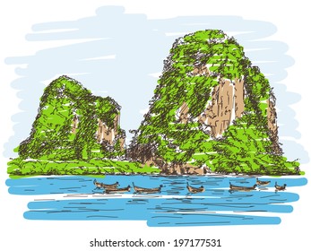 Thailand beach landscape, Limestone rocks, Long tail boats, Hand drawn illustration