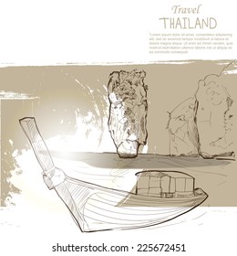 Thailand Beach. Thailand Travel Elements Design, Thailand in vintage style poster, vector illustration, Hand Drawn Illustration.