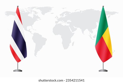 Thailand and Benin flags for official meeting against background of world map.
