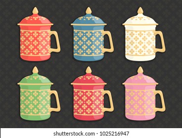 Thailand Benjarong cup filigree decoration vector illustration