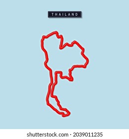 Thailand bold outline map. Glossy red border with soft shadow. Country name plate. Vector illustration.