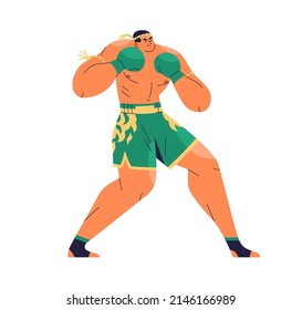 Thailand boxer ready for fight. Fighter of Muay Thai martial art, combat sport. Man athlete standing in pose, wearing shorts and gloves. Flat vector illustration isolated on white background