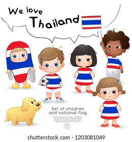 Thailand : Boys and girls holding flag and wearing shirts with national flag print : Vector Illustration