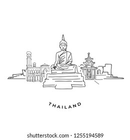 Thailand buddha and landmarks drawing. Hand-drawn vector illustration. Famous travel destinations series.