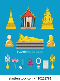 Thailand Buddhist Objects Set, Temple, pagoda, Buddha Image and Monk 