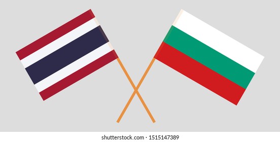 Thailand and Bulgaria. Crossed Thai and Bulgarian flags. Official colors. Correct proportion. Vector illustration
